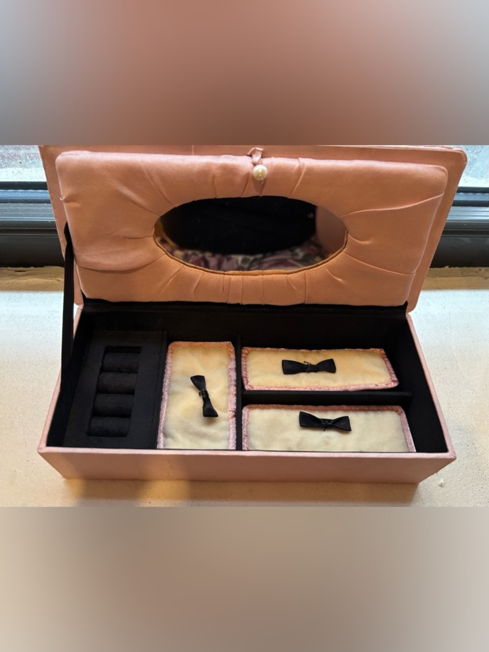 Anthropologie Pink Fabric Jewelry Box w Mirror Ring Holder Vintage Bow Detail - Picture 2 of 3